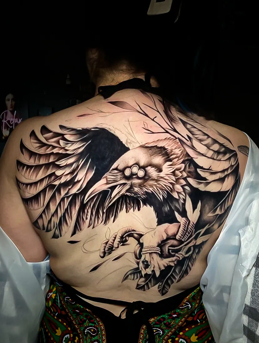 black and grey realism eagle back piece tattoo by Steve Bachman, Long Beach
