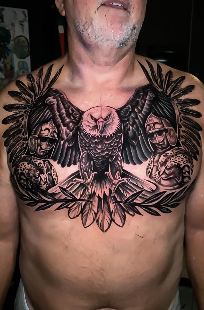 black and grey eagle and family portrait chest piece tattoo by Steve Bachman, Long Beach