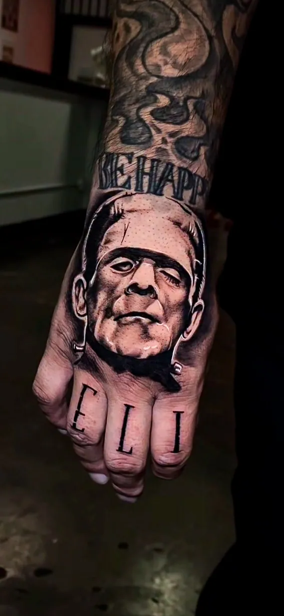 black and grey Frankenstein portrait hand piece tattoo by Steve Bachman, Long Beach