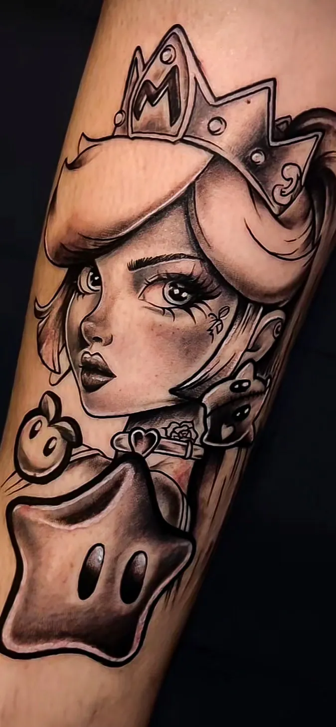 black and grey illustrative princess forearm tattoo by Steve Bachman, Long Beach