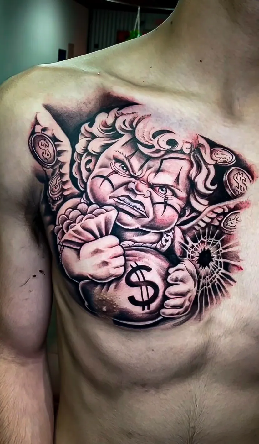 black and grey illustrative money bag chest piece tattoo by Steve Bachman, Long Beach