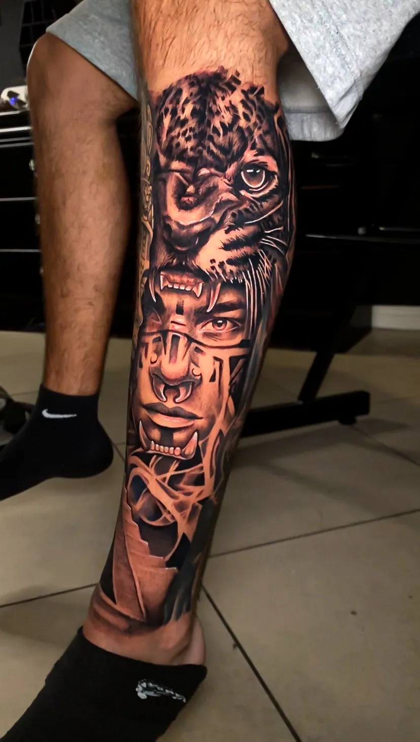black and grey owl and portrait leg sleeve tattoo by Steve Bachman, Long Beach