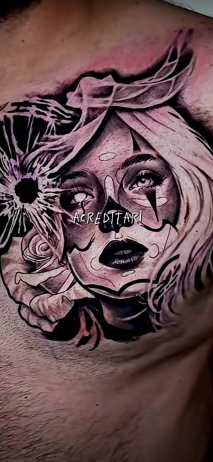 black and grey realism woman portrait chest piece tattoo by Steve Bachman, Long Beach