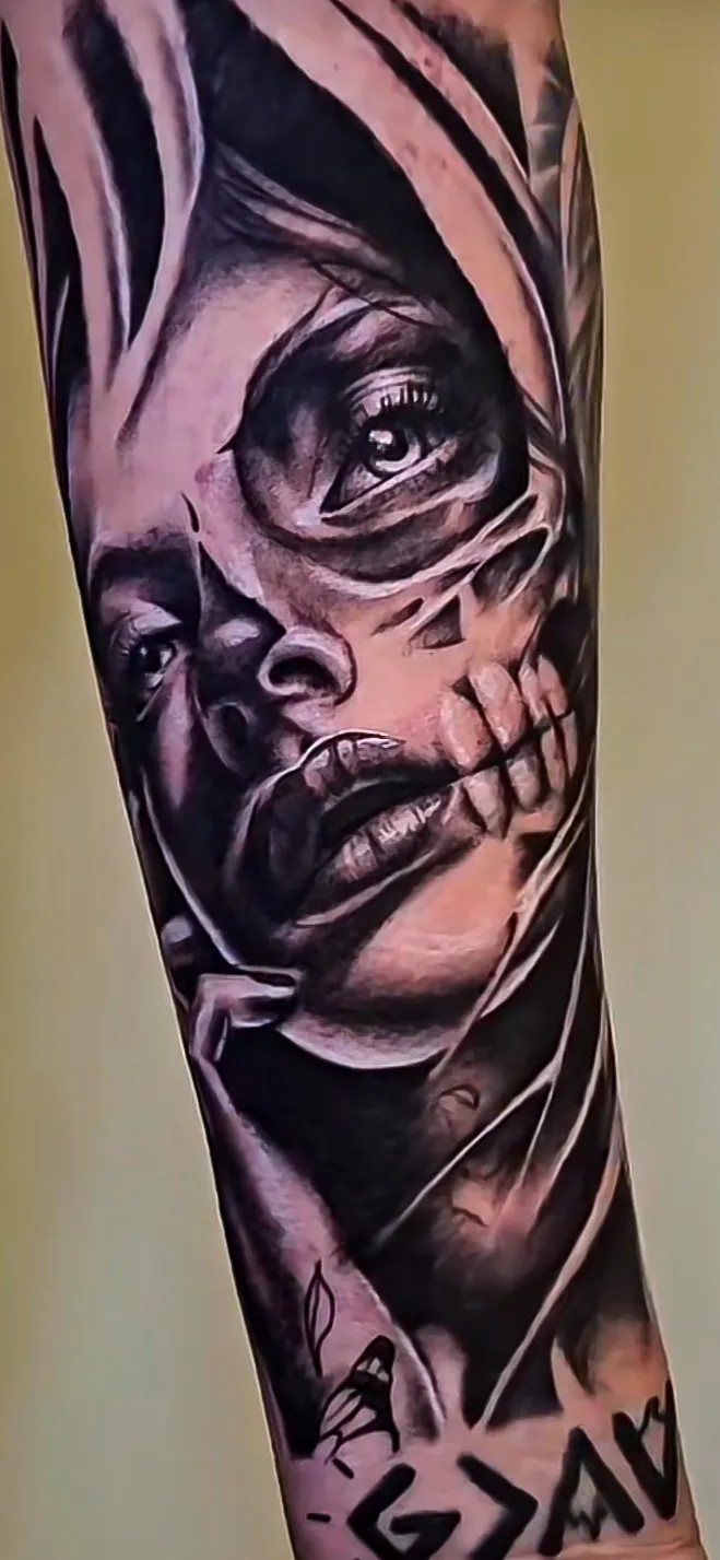 black and grey realism woman portrait forearm tattoo by Steve Bachman, Long Beach