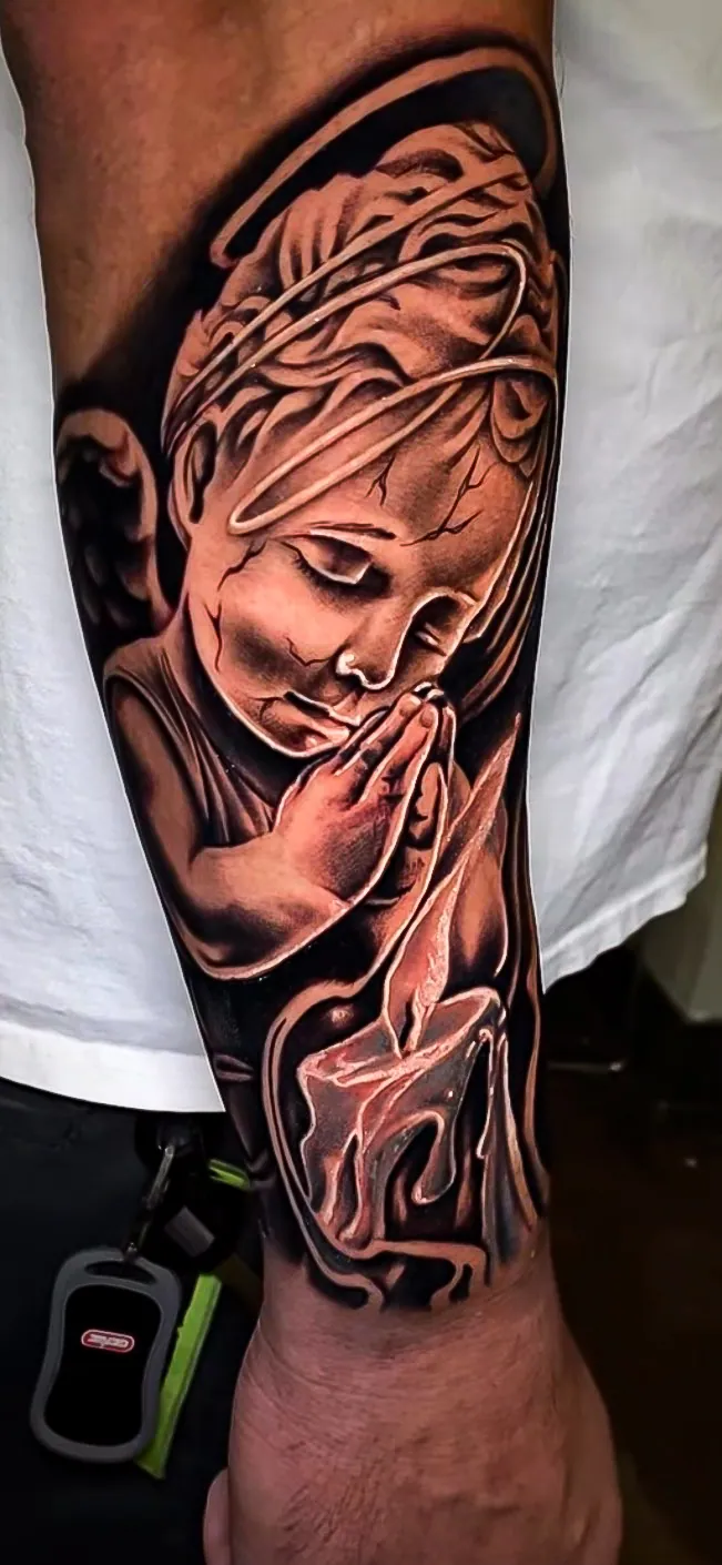black and grey surrealism woman and smoke forearm tattoo by Steve Bachman, Long Beach