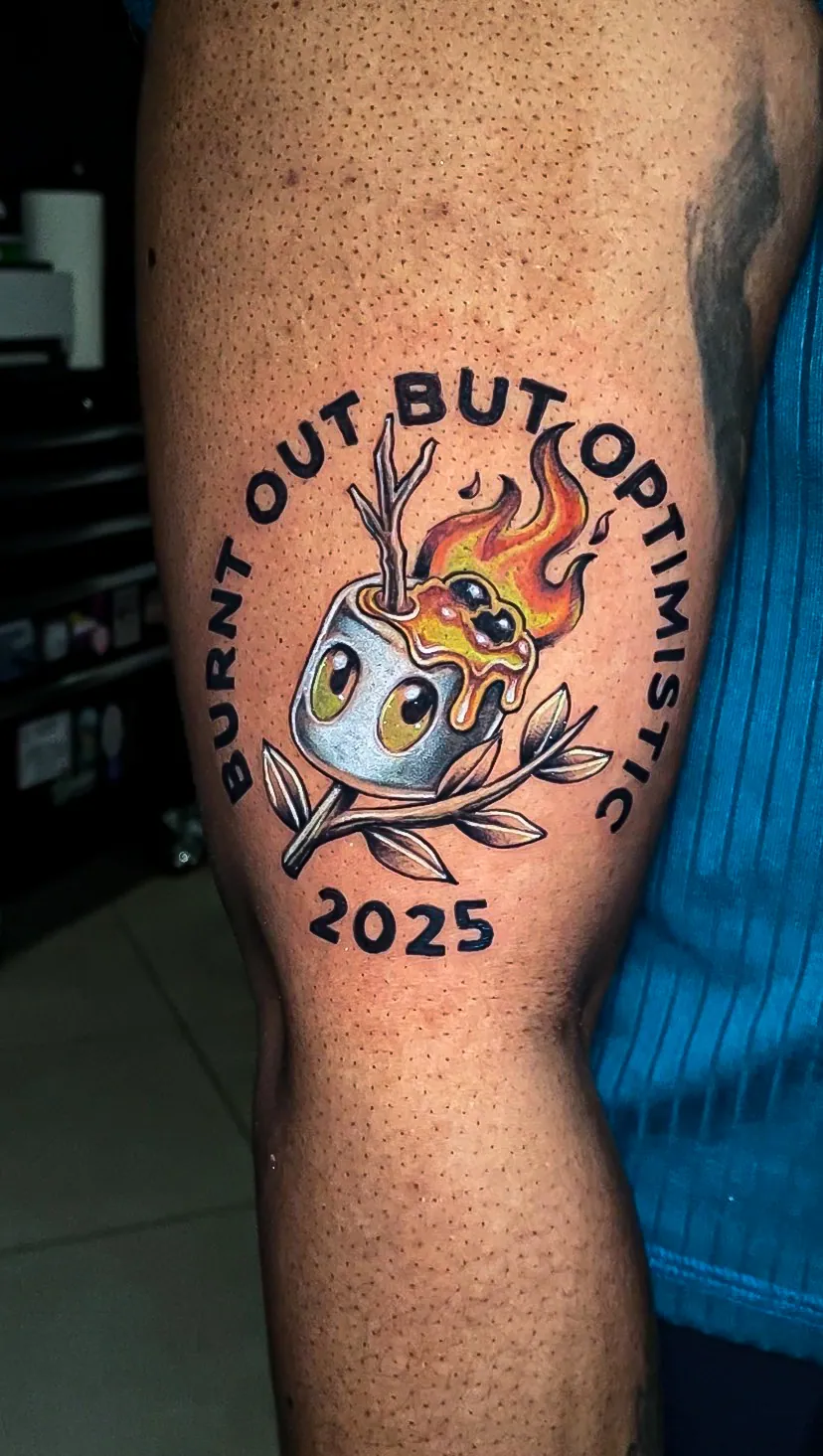 color illustrative lettering knee piece tattoo by Steve Bachman, Long Beach