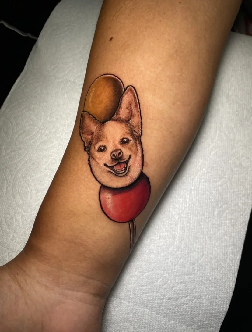 color realism dog portrait arm piece tattoo by Steve Bachman, Long Beach