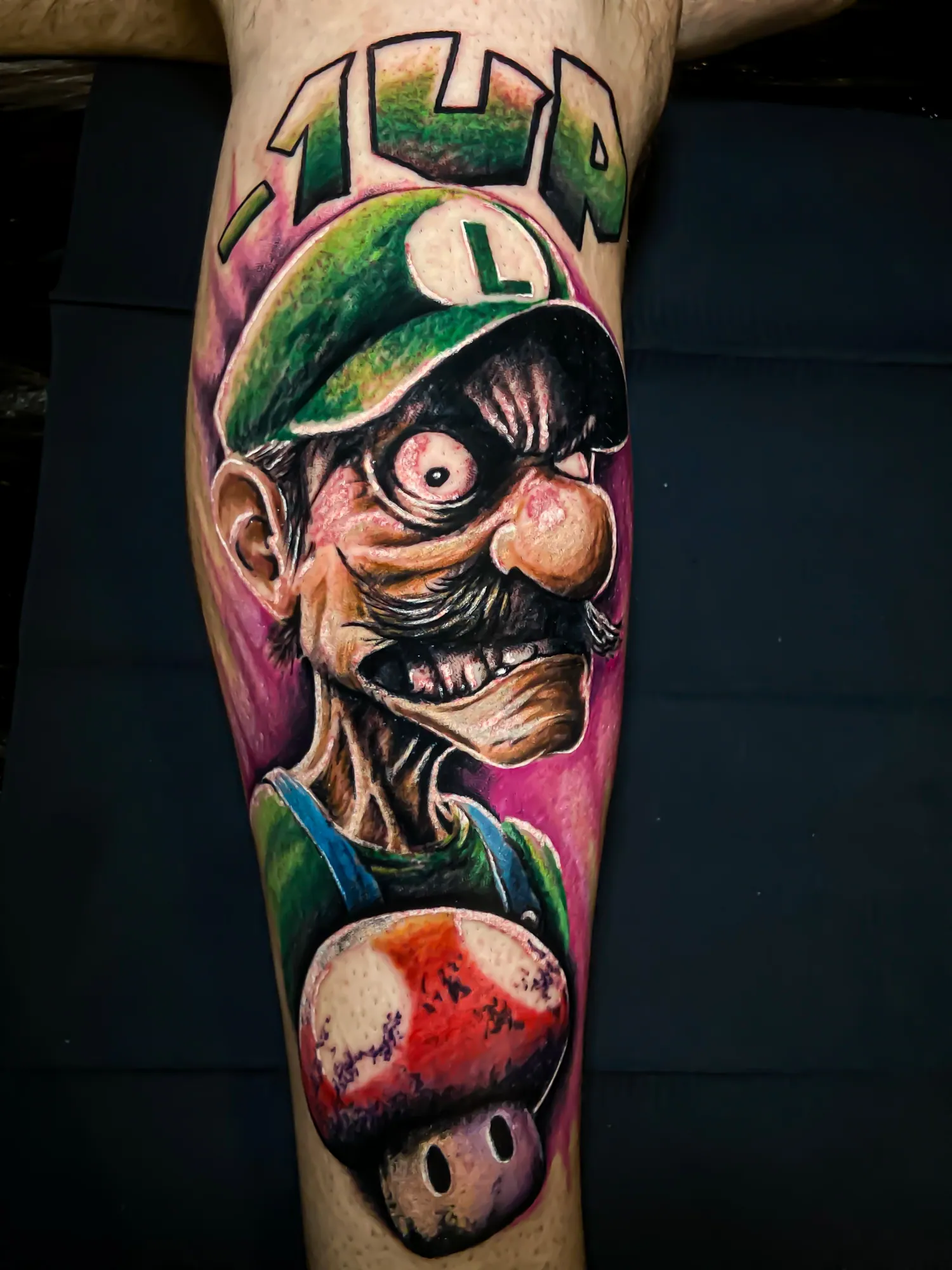 color illustrative Luigi leg piece tattoo by Steve Bachman, Long Beach