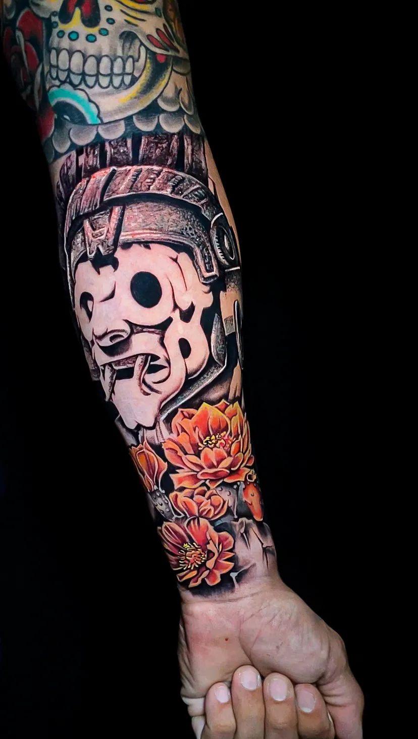color mariachi sugar skull arm piece tattoo by Steve Bachman, Long Beach