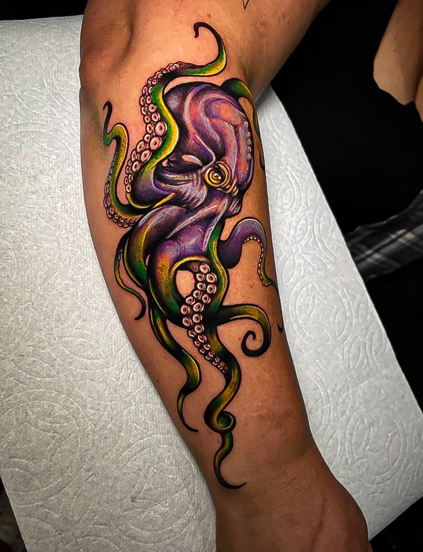 color illustrative octopus leg piece tattoo by Steve Bachman, Long Beach