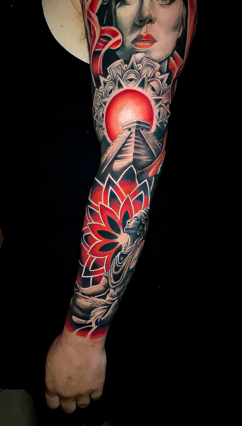 color red mandala forearm tattoo by Steve Bachman, Long Beach