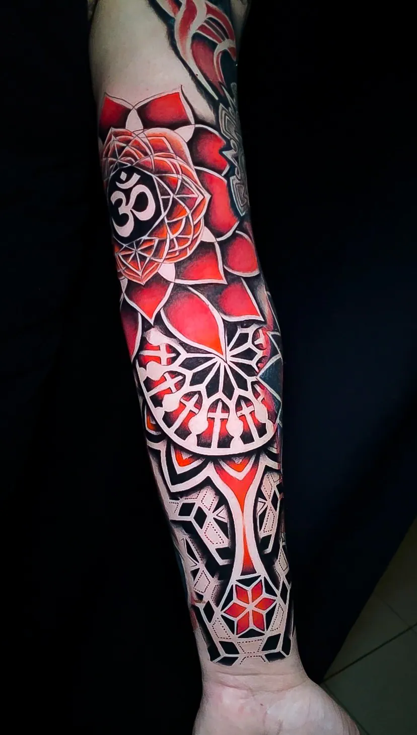 color red mandala full sleeve tattoo by Steve Bachman, Long Beach