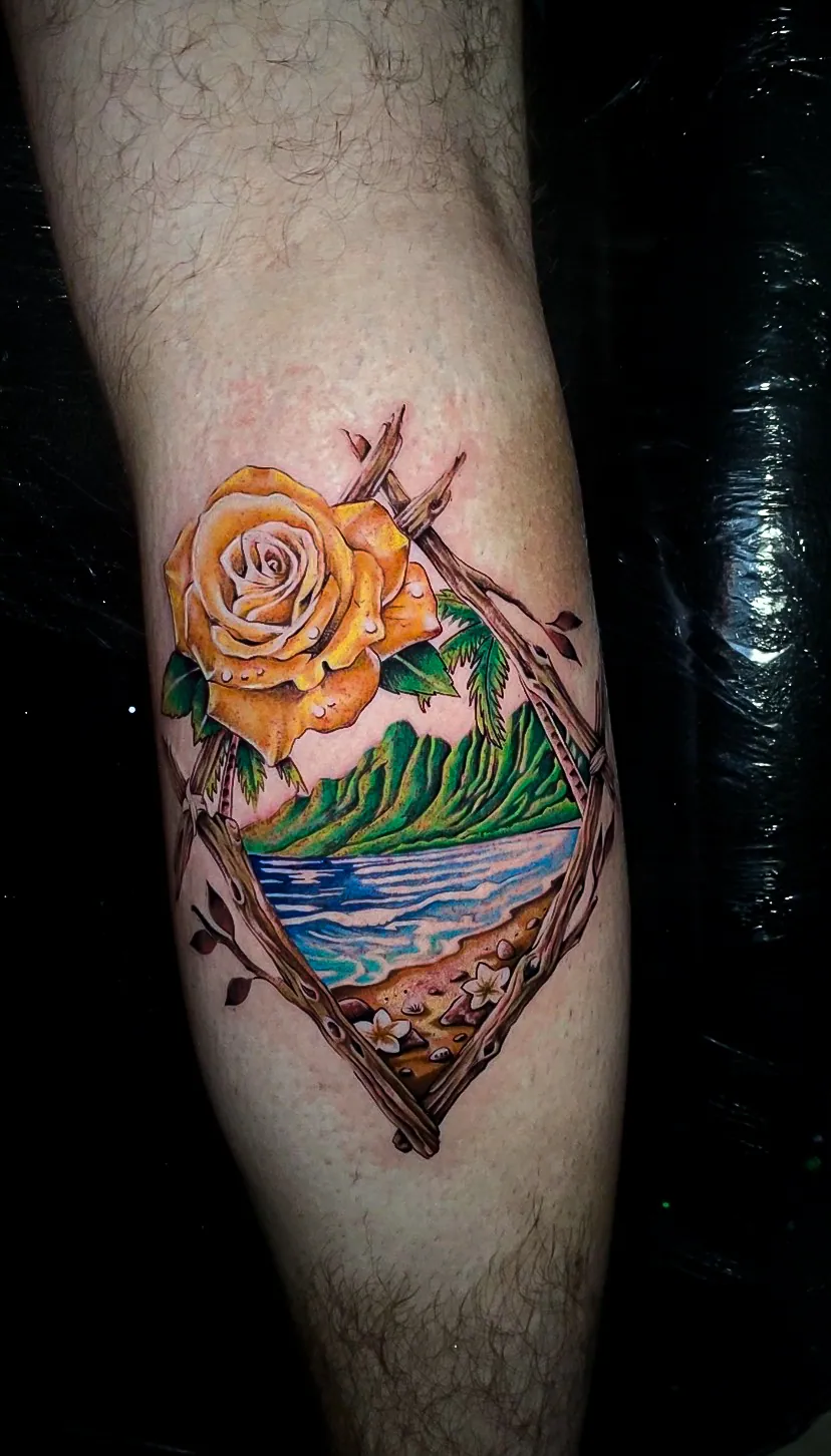 color rose and landscape calf piece tattoo by Steve Bachman, Long Beach