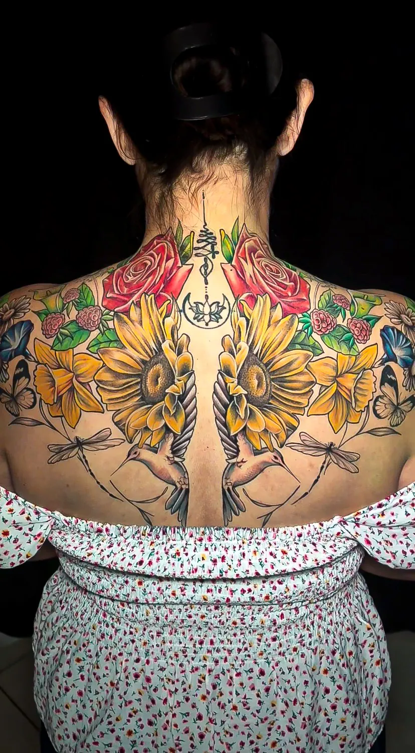 color sunflower upper back piece tattoo by Steve Bachman, Long Beach