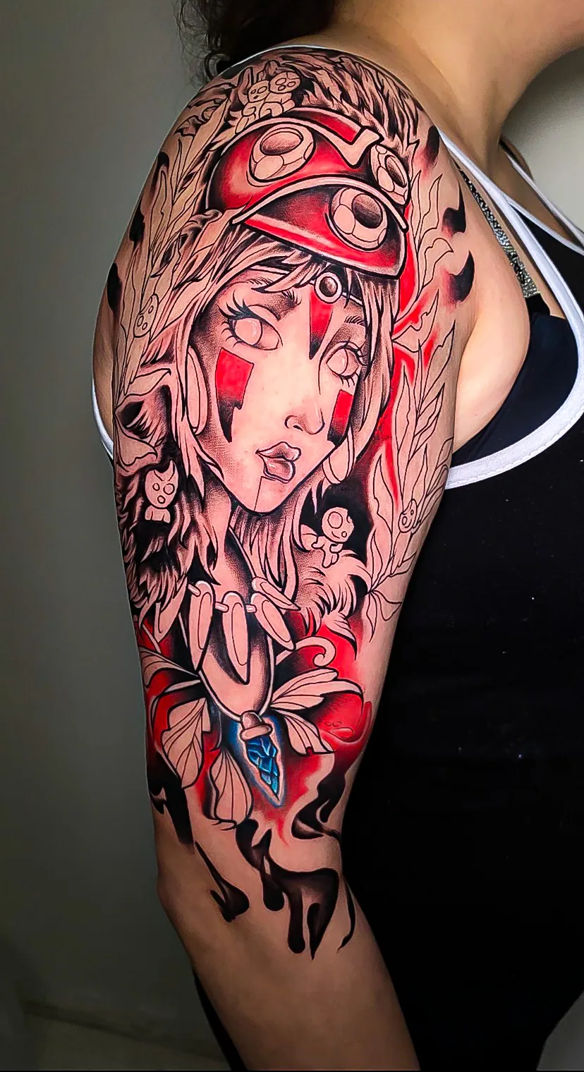 color surrealism woman and eye sleeve tattoo by Steve Bachman, Long Beach