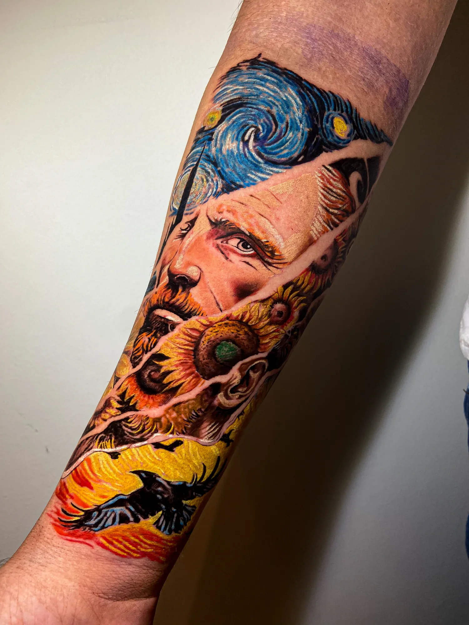color Van Gogh and sunflower forearm tattoo by Steve Bachman, Long Beach