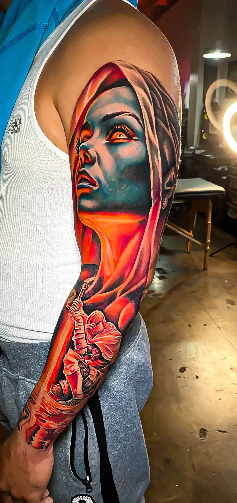 color realism woman portrait sleeve tattoo by Steve Bachman, Long Beach